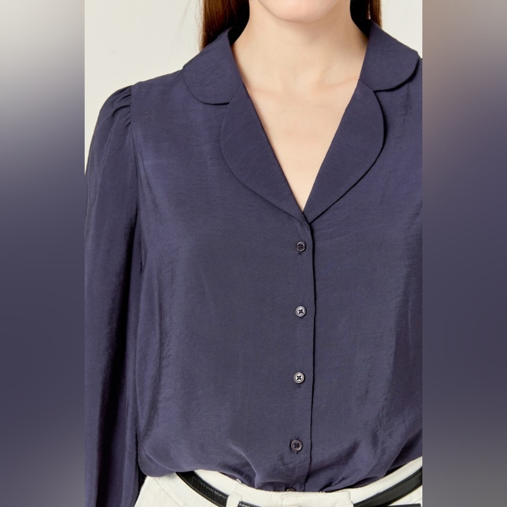 NWT - English Factory Scallop Collared Navy Dress Shirt - Size XS